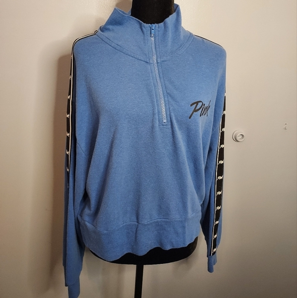 Pink Victoria Secret Size Large Blue/Black/White Cropped Top Hoodie Quarter Zip